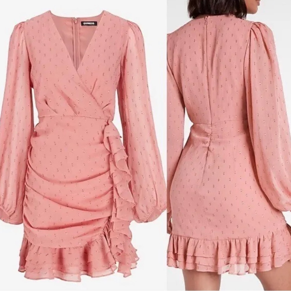 Express Pink Gold Metallic Ruffle Faux Wrap Long Sleeve V-Neck Mini Dress